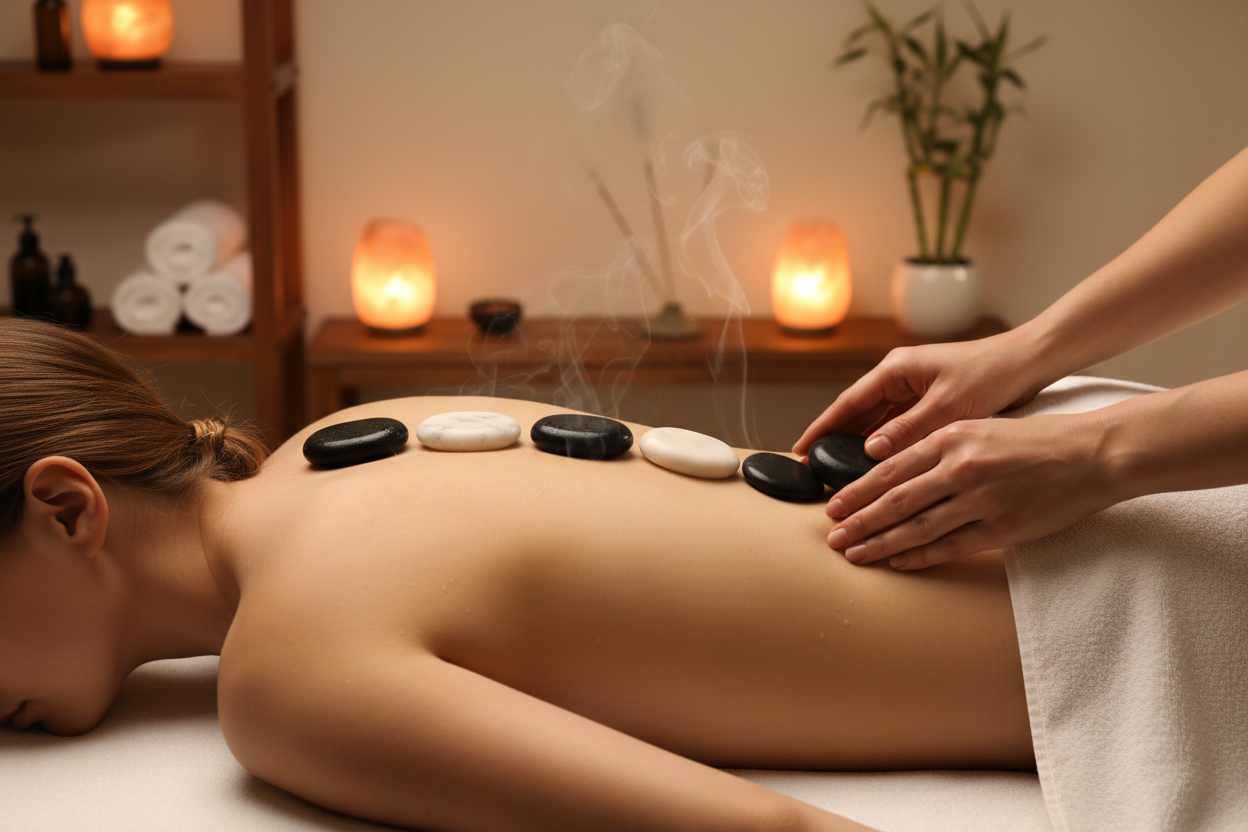 正進行冷熱石按摩, 模特兒睡於按摩床, 只見背部半身, 背上正中位放了石塊, 石塊一個黑一個白色間色, 喝只見按摩師手握黑色石進行按摩